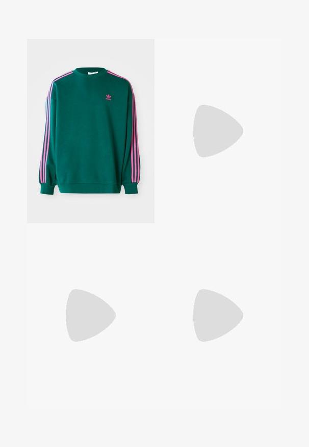 Green sweatshirt with long sleeves, crew neck, pink three-stripe accents on shoulders, and small pink logo on the chest. Soft fabric texture.; Beige patterned long-sleeve shirt with a white collar. Black t-shirt. White mesh shorts with green trim. Both wear white sneakers.; White athletic shoes featuring a textured knit upper, flat laces, and a cushioned sole with visible air chambers for added support.; Metal eyeglasses with an oval frame, silver bezels, and clear lenses. Slim, straight arms with black tips, minimalist design.