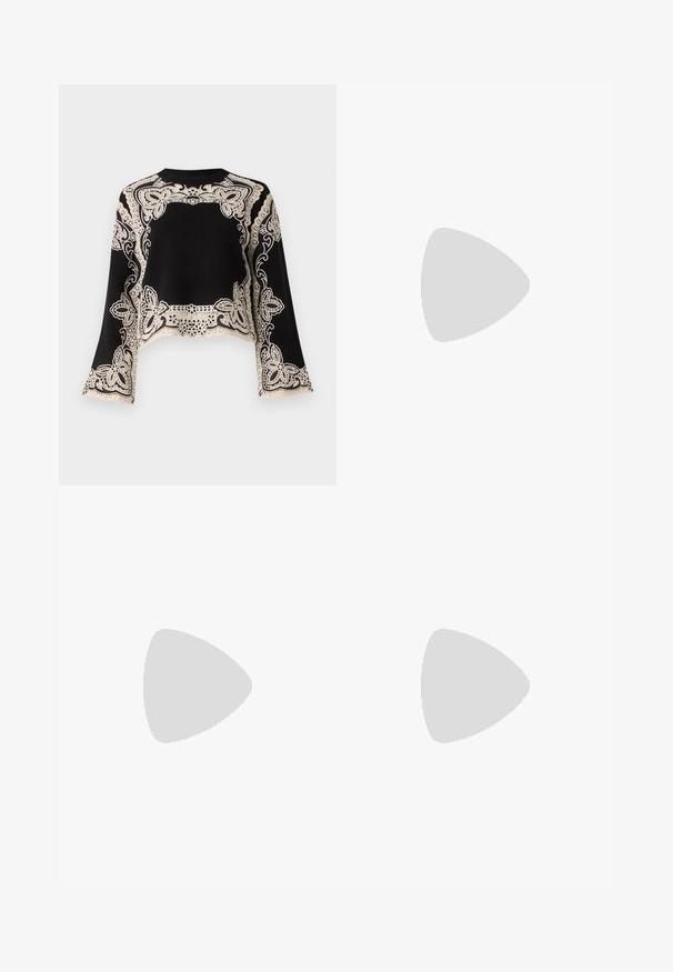 Sea GIANNA COMBO SWEATER - Pulóver - black; Fehér kötött midi szoknya, amelynek textúrája függőleges vonalakkal és kivágott részletekkel díszített az alján. Rugalmas derékpánt. Puha anyag.; Fekete bőr balettcipő lekerekített orral, sima tekstúrával, minimális varrással és rugalmas talp kialakítással.; Barna bőr kézitáska, hajtókás zárással, arany színű fém kiegészítőkkel, vállpánttal és sima felülettel. Kompakt téglalap alakú.