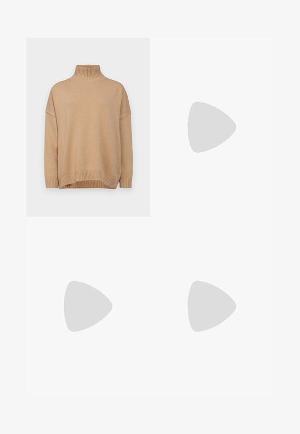 WEEKEND MaxMara BORGIA - Džemperis - cammello; Juodos plačios kelnės su aukštu liemeniu, su priekinėmis raukšlėmis, glotnia tekstūra ir pritaikytu apdailos stiliumi. Sukurtos laisvam sėdėjimui.; Juoda odinė aukštakulnė bateliai su smailiu pirštu ir apvaliu, iškiliu kulnu. Lygus paviršius su elegantišku, minimalistiniu dizainu.; Juodas odinis rankinės krepšys su lygiu paviršiumi, turintis ploną, ilgą dirželį ir subtilią siuvinėtą detalę per vidurį.