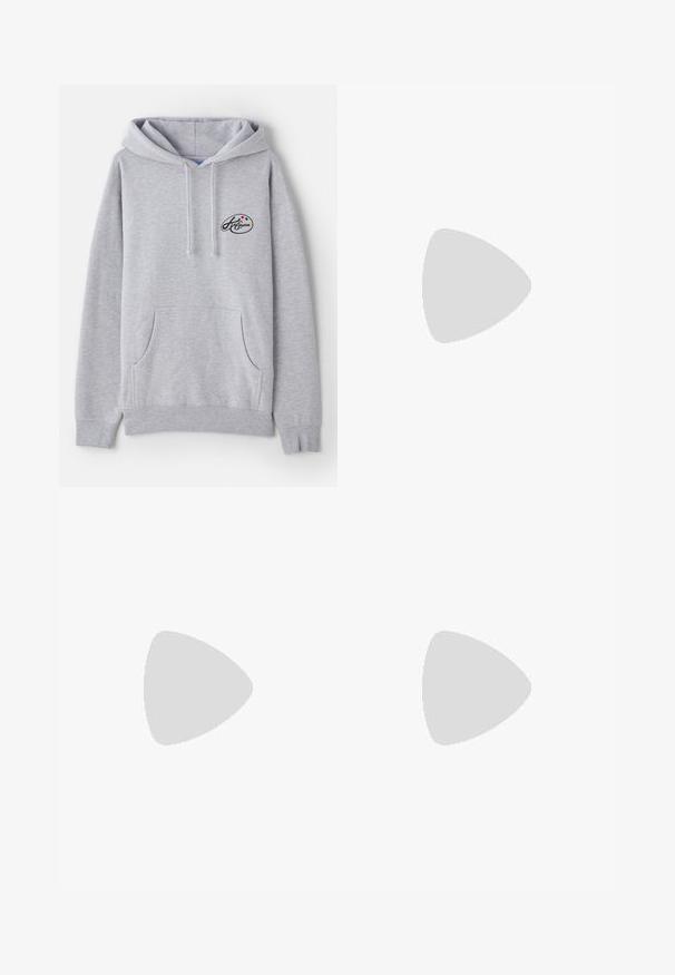 Light gray hoodie made of cotton blend. Features a kangaroo pocket, drawstrings, and a small logo with colorful accents on the chest.; Light gray sweatpants with elastic waistband and side pockets, straight leg cut, made of soft fabric.; Nike sneakers in white with silver accents, featuring textured panels and perforations. Paired with gray ribbed socks, set against a yellow background.; Silver chain necklace featuring a large, ornate cross pendant with sharp accents and a polished finish. The chain is thick and flat.