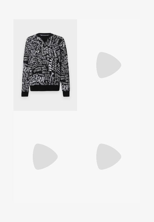 Sudadera negra con texto manuscrito en blanco. Presenta un cuello redondo y puños y dobladillo acanalados. Está hecha de un tejido texturizado.; Pantalones de chándal negros, hechos de una tela suave, con una cinturilla elástica y cordón, piernas ajustadas y puños elásticos en los tobillos.; Zapatillas de cuero negro con acentos blancos, detalles de logo redondo, puntera perforada y suela en contraste. Presentan cordones blancos y una marca.; Gafas de sol blancas con lentes grises, forma rectangular y acentos texturizados en los laterales. Presentan detalles en hardware dorado.