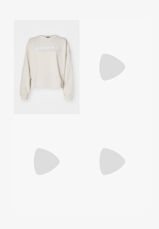Beige színű pulóver, puha anyagból készült, kerek nyakkal, eső vállakkal és fehér hímzett "BARBOUR INTERNATIONAL" logóval.; Fekete, testhezálló nadrág egyenes szárú kivitelben, sima textúrával és éles redőkkel az elején. Nincs látható fémalkatrész.; Fekete bőr slingback magassarkúk, hegyes orral, vékony sarkakkal és arany színű részlettel a állítható pánton. Simа felület.; Fekete bőr kézitáska, strukturált dizájnnal, rövidített formával, felső fogantyúval és arany színű kiegészítőkkel. Állítható vállpánt is tartozik hozzá.