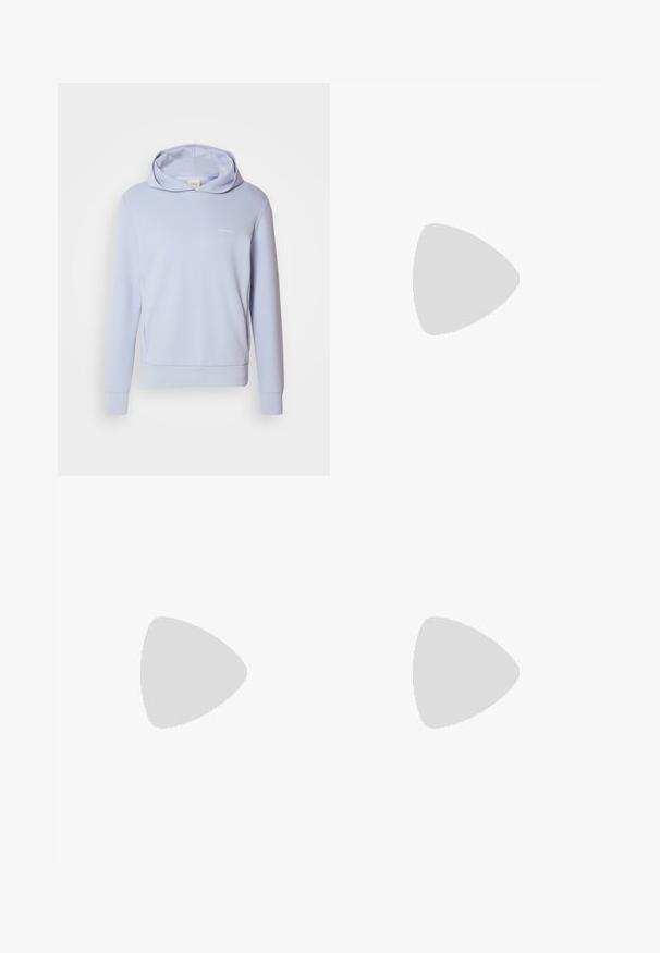 Light blue hoodie with a front pouch pocket, a folded hood, and ribbed cuffs. Features a small white logo on the chest. Soft cotton blend material.; Two black cotton t-shirts with short sleeves, round necklines, and a smooth texture, displayed stacked together.; Light blue denim jeans with a loose fit, featuring five pockets, a zip fly, and a faded finish along the thighs and knees.; Tan suede ankle boot with black padded collar, gold metal eyelets, white stitching detailing, and rugged rubber sole with pronounced treads.
