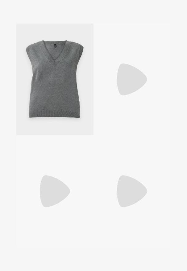 Gilet sans manches en tricot gris avec col en V et bords côtelés, présenté à plat sur un fond clair.; RE/DONE LOOSE - Jean bootcut - hacienda; Bottes noires en cuir longueur cheville avec un bout pointu, texture lisse et une accent en boucle argentée sur le côté. Talon carré épais.; Sac à main en simili cuir noir avec une texture crocodile, un dessus resserré et une sangle froncée. A l'apparence douce et compacte.