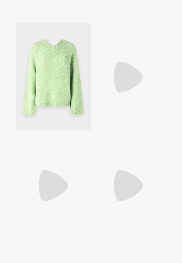Light green, textured sweater with a v-neck, long sleeves, and a relaxed fit. Fabric shows a soft, fluffy appearance.; White wide-leg jeans made of cotton, featuring a high waist, five-pocket design, and brass hardware accents. Smooth, non-distressed texture.; Sport shoes with a white leather upper, gray suede toe, and three black stripes. Features a blue logo on the tongue and a textured rubber sole.; Tortoiseshell sunglasses with a geometric design, yellow lenses, and metal accents on the temples. Wide frame and matte texture.; Yellow, woven handbag with a square design, featuring a smooth texture, decorative knotted strap, and gold-tone hardware.