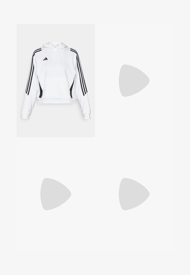 Weißer, taillierter Hoodie mit einer Vorderaschetasche, schwarzen Seitenakzenten und drei vertikalen schwarzen Streifen an jedem Ärmel. Verstellbare Kapuze mit Kordelzug.; Weißes Sport-T-Shirt aus glattem, leichtem Stoff. Mit schwarzen Drei-Streifen-Akzenten auf den Schultern und einem kleinen schwarzen Logo auf der Brust.; Weiße Sportshorts mit roten Seitenpaneelen und blauen Streifen. Elastischer Bund und Logo auf der unteren linken Seite. Glatte Stoffoberfläche.; Weiße Laufschuhe mit hellblauen Akzenten, atmungsaktives Mesh-Obermaterial, Drei-Streifen-Design, gepolsterte Sohle und strukturierte Traktionslaufsohle.