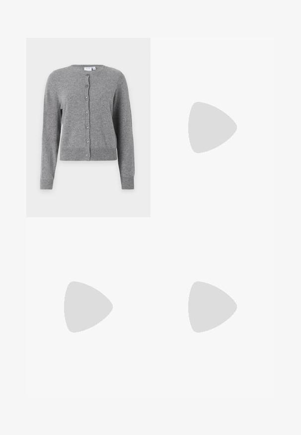 VILA VIRILEY O NECK CARDIGAN - Kardiganas - medium grey melange; Svetlūs mėlyni džinsai su tiesiu kojų siluetu, penkių kišenių ir užtrauktuku. Audinys turi klasiką atitinkantį tekstūrinį paviršių su nežymiu nusidėvėjimu.; Bordo lakiotos odos baleto bateliai su apvalia nosimi, maža kaspinėlio akcentu priekyje ir žema juoda guma padanga. Lygi tekstūra.; Ruda sintetinė pirkinių maišeliai su dviem ilgomis rankenomis, kvadratiniais metaliniais akcentais ir subtiliu logotipu. Dėvimas su šviesiai kreminėmis sijonais ir basutėmis.