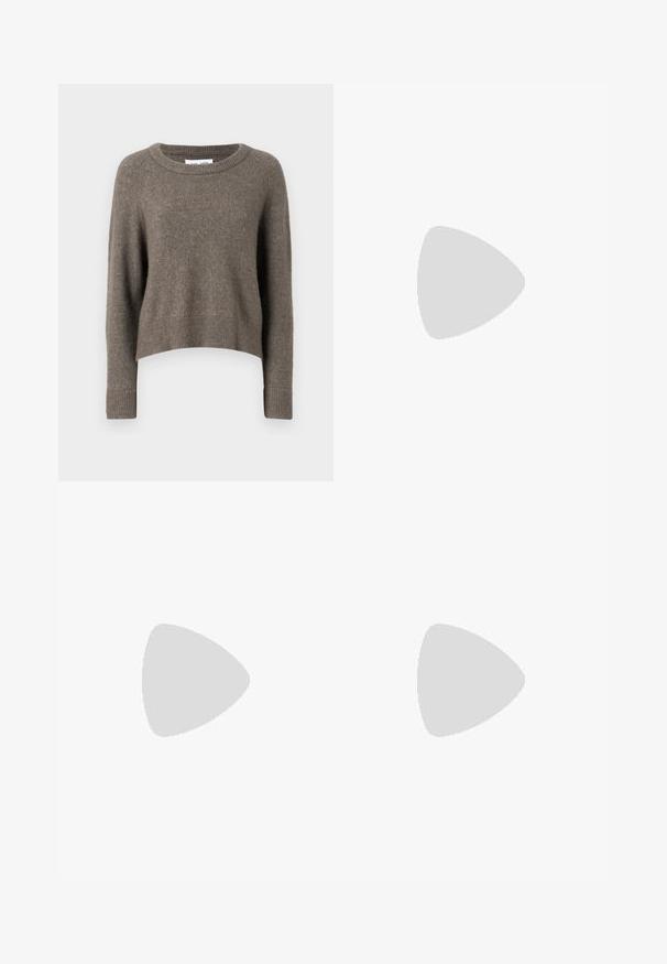 Dark brown cropped sweater made of soft material, featuring a crew neckline, long sleeves, and ribbed cuffs and hem.; Black tailored trousers with a straight-leg design, featuring a smooth texture and crisp creases along the front. No visible hardware.; Beige block-heeled sandals with thin straps and a square toe. Smooth material with minimal detailing, designed for easy wear.; Black leather handbag with a structured design, featuring a cropped shape, top handle, and gold hardware accent. Adjustable shoulder strap included.