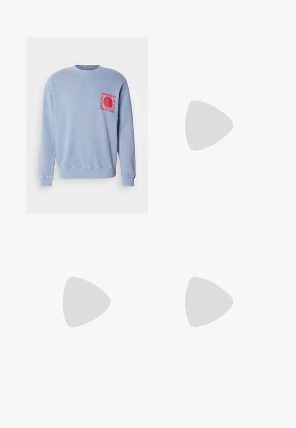 Light blue sweatshirt with long sleeves, crew neck, and ribbed cuffs. Features a red embroidered graphic on the chest pocket area.; White cotton t-shirt with black trim on the collar and sleeves. Features a small black logo reading "Porsche BOSS" on the left chest.; Dark blue denim jeans with a slim fit, featuring five pockets, a front button closure, and a subtle faded texture on the legs.; BOSS BALTIMORE - Trainers - open blue
