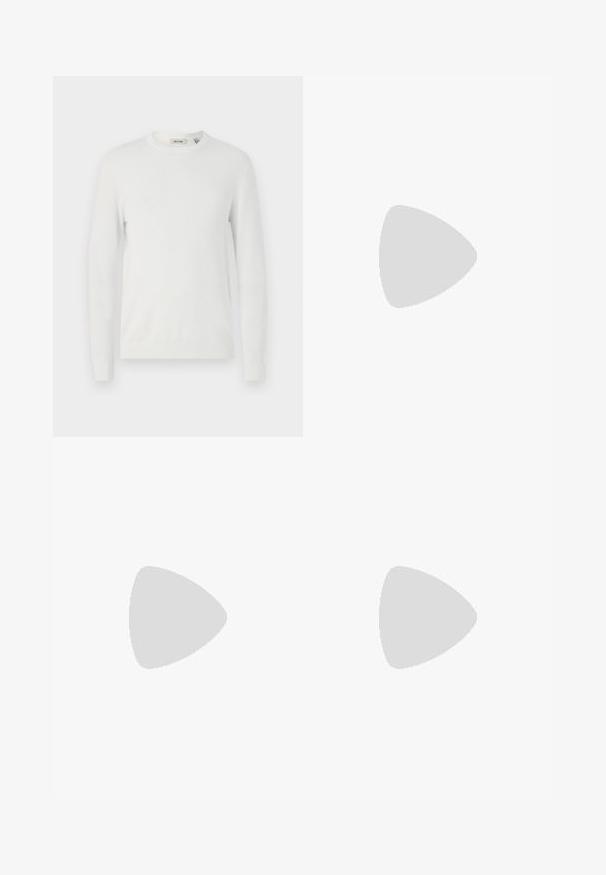 Only & Sons ONSALEX CREW NECK - Pulover - egret; Jeans din denim de culoare albastru deschis, cu talie înaltă, nasture frontal, fermoar și design cu cinci buzunare, așezate platesc pe un fundal neutru.; Sneaker alb cu accente negre și gri, având un capac de vârf gri texturat, talpă din cauciuc negru și șireturi plate albe. Design elegant, stil minimalist.; Borseta gri din suede, cu o formă rotunjită, două compartimente cu fermoar și curea ajustabilă. Are accente din metal.