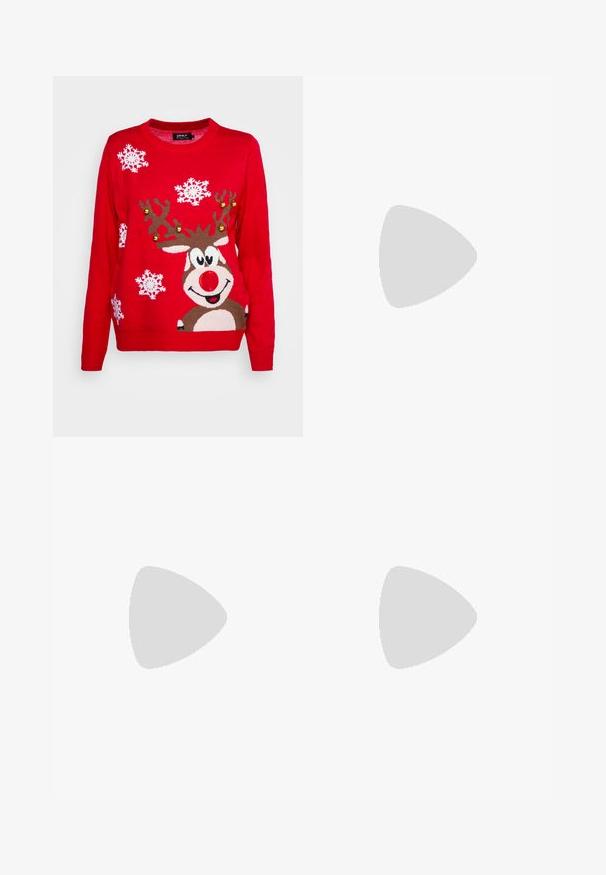 ONLY XMAS BELL LS EX  - Pulover - red; Fustă gri cu volane, design din țesături stratificate, talie cu șnur, textură moale, margini finisate și volane care se cascază.; Bershka Sandale cu toc - black; Geantă de mână din piele lăcuită neagră, cu o formă curbată, un umăr, buzunare frontale și accente din metal argintiu.