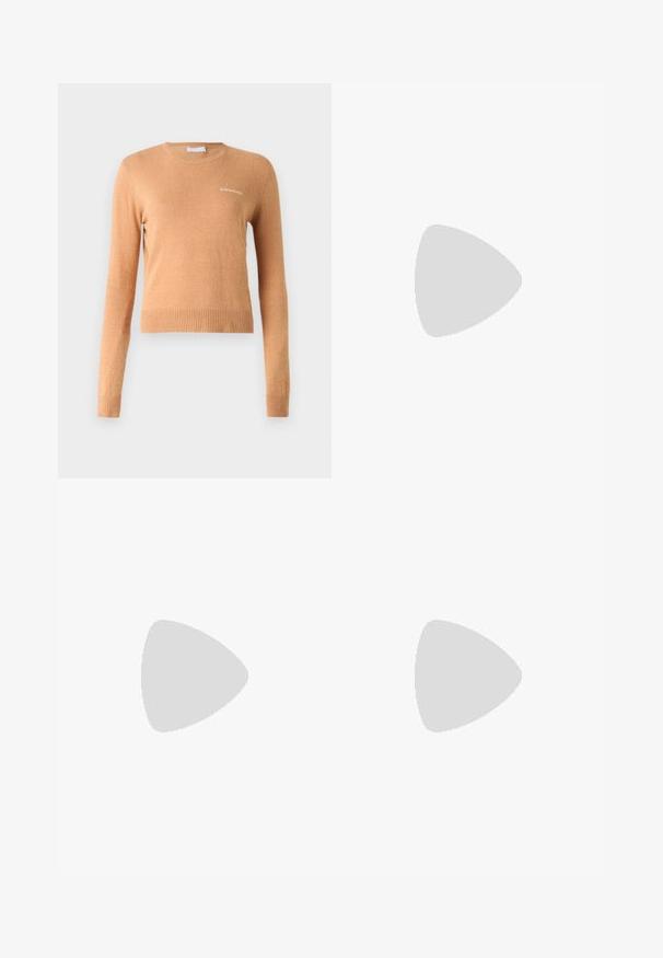 Long-sleeve sweater in light brown, featuring a ribbed hem and cuffs, with a small white logo on the chest. Soft, smooth texture.; Pleated white skirt with a black elastic waistband featuring the "LACOSTE" logo. Mid-length design with soft texture.; White leather sneakers with a thick white sole, black suede heel accent, and embossed logo on the side. Laced design with six eyelets.; Black oversized sunglasses with a geometric shape, featuring dark lenses and a contrasting grey detail on the frame. Logo on the arm.