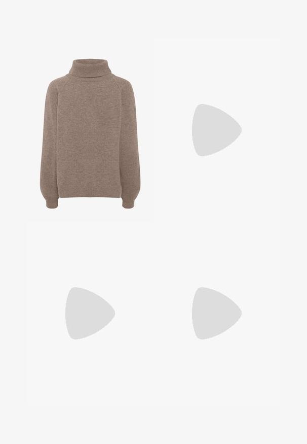 Brown knitted sweater with a high turtleneck, raglan sleeves, and ribbed cuffs. Soft texture with a relaxed fit. No visible patterns or accents.; Wide-leg black trousers in a smooth fabric. Features a front button closure and two side pockets. Straight cut with no embellishments.; Gold, metallic slingback heels with a pointed toe and chunky heel. Smooth texture, minimalistic design, and a narrow strap.; Gold metallic handbag with a structured design, smooth texture, and adjustable strap. Features a unique triangular shape and minimalist stitching.