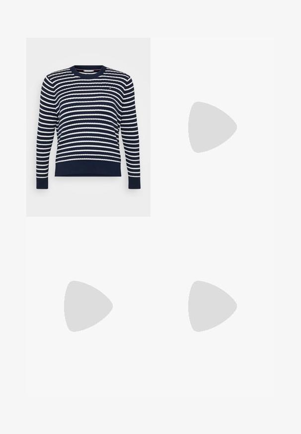Navy blue sweater with white horizontal stripes. Features a crew neckline, ribbed cuffs, and hem. Made from textured knit fabric.; Wide-leg jeans in medium blue denim. Features a button closure, two back pockets, and a clean hem. Smooth texture with slight fading.; Black leather ballet flat, pointed toe, minimalistic design, smooth texture, low-profile heel, no visible hardware or embellishments.; Silver drop earrings with a square stud, featuring a smooth, polished finish and a teardrop shape, reflecting light with a glossy surface.