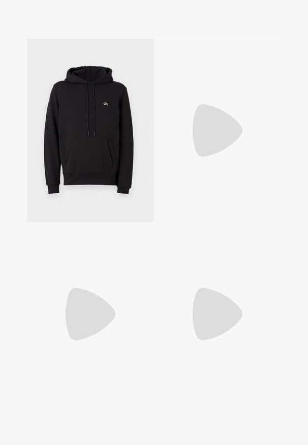 Hoodie preto em algodão com um bolso canguru frontal, capuz ajustável com cordão, punhos canelados e um pequeno logótipo verde bordado.; Camisola preta de manga longa feita de algodão, com decote redondo e um pequeno logótipo de crocodilo bordado em verde no lado esquerdo do peito.; Jeans de denim azul claro com um corte solto, pernas retas, design de cinco bolsos e fecho de botão na cintura. Detalhe de costura minimalista.; Ténis Lacoste em cinza-escuro com material em malha e sintético, apresentando uma sola texturizada e detalhes castanhos na gola e na marca.