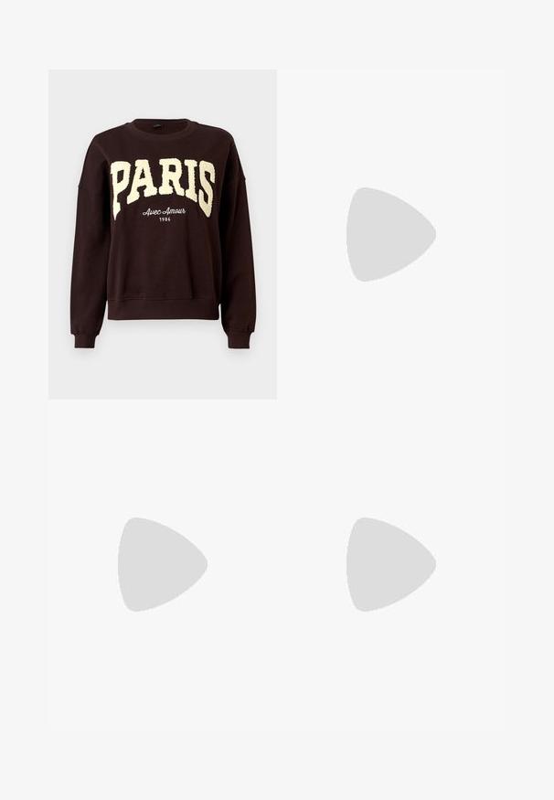 Dark brown crewneck sweatshirt with large textured "PARIS" letters and smaller "Avec Amour 1986" text below the chest.; White cotton t-shirt with a relaxed fit, featuring short sleeves. Small blue "SOURDOUGH" logo on the upper left side.; Wide-leg jeans made of light blue denim, featuring an elastic waistband, a button closure, and a straight cut design with a faded effect.; Leopard print sneakers with beige suede upper, tan rubber sole, and white accents. Round toe and lace-up design with a textured finish.