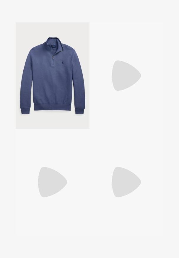 Pulover u mornarsko plavoj boji sa polu-zip ovratnikom, pletivna tekstura i izvezeni logo na prsima. Rebrasti manžeti i donji rub. Lagani materijal.; Bijela polo majica od pamuka, sa dvostrukim dugmetom, kratkim rukavima i suptilnim logotipom na lijevoj strani prsnog koša. Glatka tekstura.; Bijele chinos hlače izrađene od pamuka, s ravnim prednjim dijelom, petljama za pojas, dva bočna džepa i jednim stražnjim džepom. Glatka tekstura s ravnim nogavicama.; Bijela atletska tenisica s sivim suede naglasima, mrežastim gornjim dijelom, plavim petnim dijelom i crnim gumenim potplatom. Ima vezivanje s vezicama i logo.