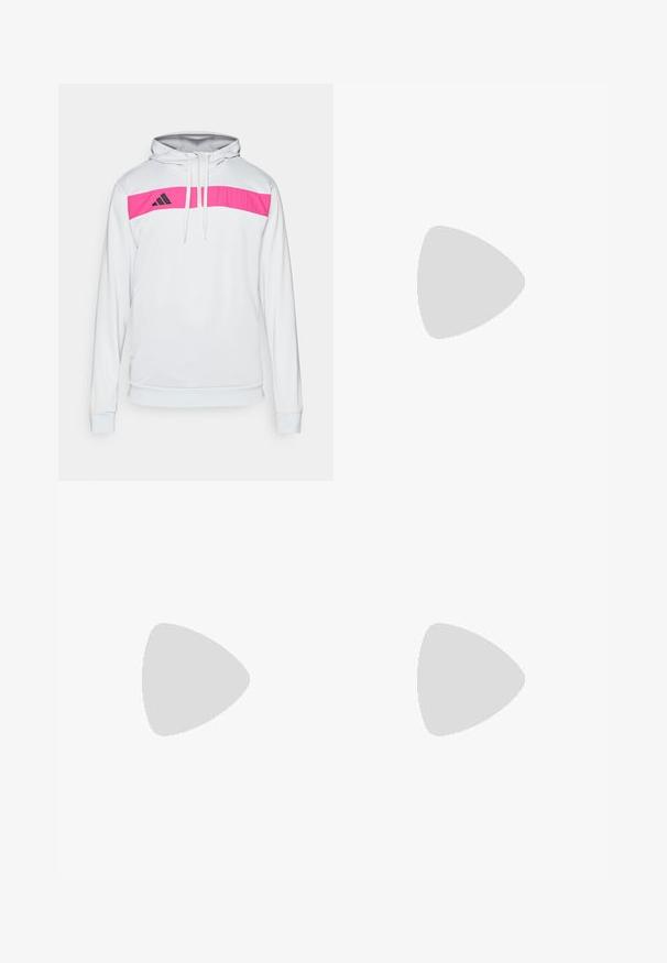 Vit hoodie med en rosa horisontell rand över bröstet, svart logotyp på vänster sida, dragsko i huvan och åtsittande mudd.; Vit sporttopp med kort ärm, tillverkad av fukttransporterande tyg. Har en svart logotyp på vänster bröst och ett mönstrat inre halsringning.; Svarta träningsbyxor med elastisk midja, vita sidostreck och en liten vit logotyp på låret. Tillverkade av ett slätt, lätt material.; Svarta sportskor med ett texturerat nätövre, vita accentlinjer, en dämpad sula och en förstärkt häl för stöd.