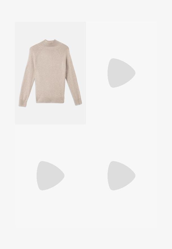 Gaišbeige teksturēta džemperis ar augstu ribu apkakli, raglanu piedurknēm un ribotām aprocēm un apakšmalu. Mīksta, ērta adīta auduma.; Augstas jostas vidēja platuma brūni bikses ar pogu un rāvējslēdzēju, jostas cilpām un priekšējām krokām.; Melnas ādas augstpapēžu kurpes ar smailu purngalu un apaļu papēdi. Gluda tekstūra ar elegantu, minimālistisku dizainu.; Brūna ādas rokassoma ar strukturētu apdari, leņķīgu dizainu un izteiksmīgu augšējo rokturi. Iespējamā rakstaina austā siksna.