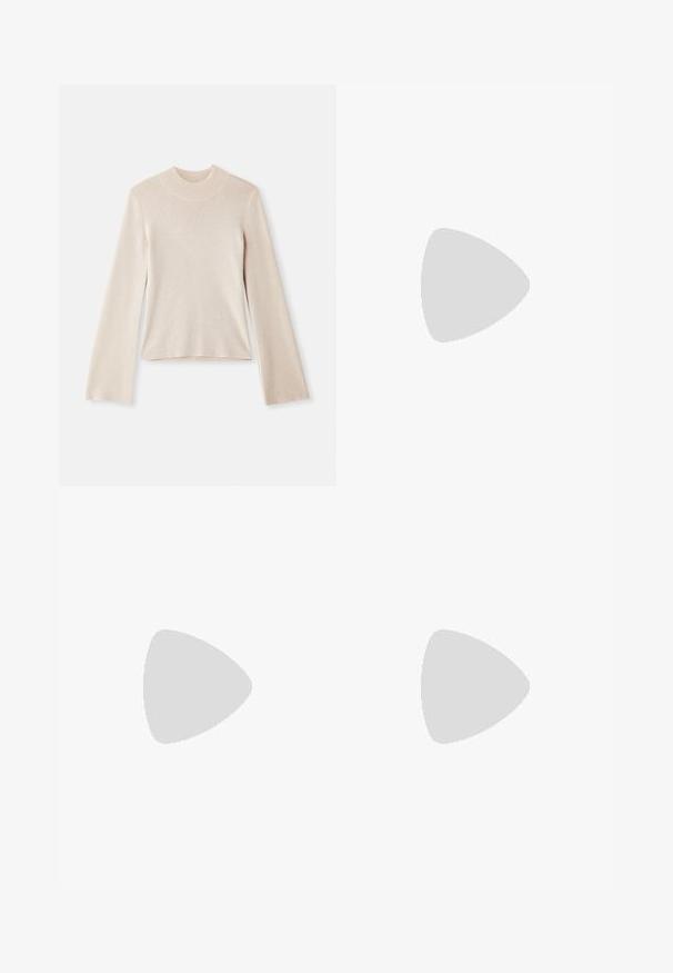 Hellbeige Langarm-Pullover mit Stehkragen aus weichem Material, taillierter Silhouette und geripptem Kragen. Schlichtes Design, keine Muster oder Akzente.; Weißes Baumwoll-T-Shirt mit kurzen Ärmeln, runder Halslinie, lockerer Passform und genähtem Saum. Etikett sichtbar am inneren Kragen.; Beige, Satinrock mit ausgestellter Silhouette. Verfügt über einen gerafften Taillenbund und einen subtilen Glanz, mit schrägen Nähten und einem fließenden Fall.; Schwarze Leder-Ankle Boots mit runder Zehenform, Blockabsatz, seitlichem Reißverschluss und gestickten Akzenten auf dem Blatt. Glatte Textur, klassisches Design.