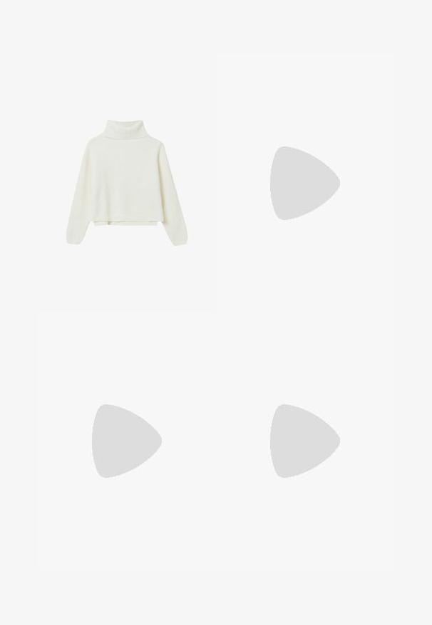 Pull en maille côtelée blanc avec col roulé, manches longues et coupe courte. Texture douce avec un design simple, sans motifs ni accents supplémentaires.; Pantalons larges en denim foncé avec des plis à la taille, présentant un bouton à l'avant et des passants de ceinture. Texture lisse et design à longueur complète.; Botte en cuir marron, montée jusqu'au genou, avec un bout arrondi, une surface texturée et un petit talon empilé. Elle présente un panneau latéral et une languette sur le dessus.; Sac à main en cuir beige avec une forme unique, doté de deux poignées courtes et d'une longue sangle réglable. Texture lisse avec un minimum de matériel.