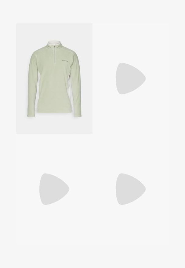 Hellgrüner Fleece-Pullover mit hohem Kragen und halbem Reißverschluss. Hat weiße Seitenpaneele und ein kleines Logo auf der Brust. Weicher Stoff.; Schwarze Sweatpants aus einem Baumwollmischgewebe, mit elastischem Taillenbund, schmal zulaufenden Beinen und gerippten Bündchen an den Knöcheln. Einfaches Design, keine Muster.; Schwarze Outdoor-Schuhe aus Mesh und synthetischem Material, mit einer strukturierten Oberseite, gesichertem Schnürsystem und griffiger Laufsohle, auf felsigem Gelände.; Braune, runde Sonnenbrillen mit einem Schildpatt- und klar hellgelben Rahmen, eckigen Bügeln und strukturierten Details an den Schläfen.