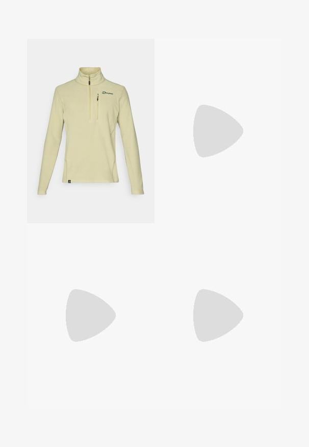 Helles gelbes Fleece-Pullover mit einem halbseitigen Reißverschluss-Kragen, langen Ärmeln und einer kleinen Brusttasche; verfügt über ein grünes Logo und strukturierten Stoff.; Berghaus DELTA TEE - Sport T-Shirt - black; Schwarze Cargo-Hosen aus leichtem, wasserabweisendem Material; verfügen über einen elastischen Bund, mehrere Reißverschlusstaschen und schmal zulaufende Beine.; Schwarze Outdoor-Schuhe aus Mesh und synthetischem Material, mit einer strukturierten Oberseite, gesichertem Schnürsystem und griffiger Laufsohle, auf felsigem Gelände.