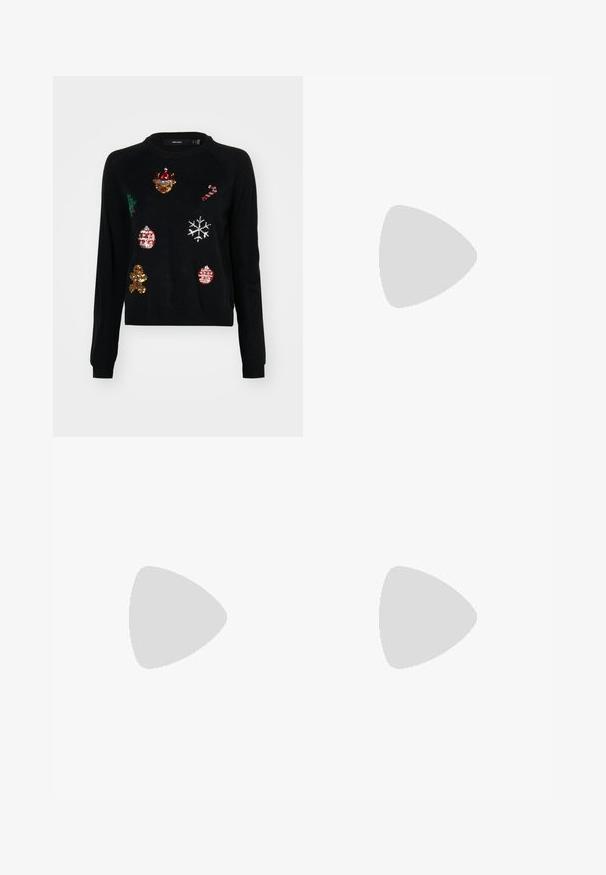 Pulover negre cu guler rotund, decorat cu strasuri în formă de iconuri de Crăciun: un brad, ornamente, turtă dulce și fulgi de zăpadă.; Pantaloni din denim largi, cu un gradient de la albastru deschis la albastru închis, talie înaltă, bucle pentru curea și o curea din același material. Finisaj texturat din denim.; Cizme negre până la gleznă cu un exterior sintetic neted, panouri laterale elastice, un mâner pentru a fi încape mai ușor și o talpă din cauciuc robustă.; Geantă din piele neagră, cu o formă curbată, curea detașabilă și accesorii aurii. Geanta are un capac cu un detaliu tip cataramă.