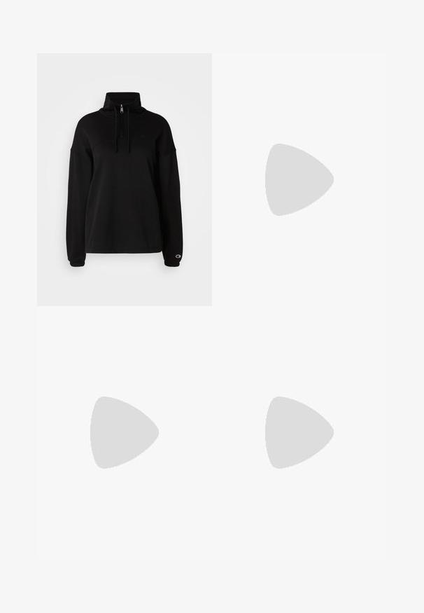 Champion ICONS HALF ZIP SMALL C LOGO - Sudadera - black; Camiseta atlética de manga corta, gris oscuro con textura perforada. Presenta un logo blanco y rayas laterales en contraste. Escote redondeado.; Pantalones cortos negros hechos de una tela elástica con un diseño ajustado. Cuentan con una cintura ancha negra etiquetada como "TECHFIT" y un logo blanco en la pierna.; Zapatilla deportiva beige con logo de tres rayas rosa, parte superior de malla texturizada, cuello acolchado y suela de goma blanca, con la marca "LIGHTSTRIKE".