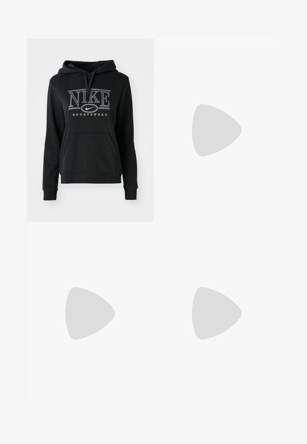 Hoodie noir Nike avec capuche à cordons, poche kangourou à l'avant et logo blanc audacieux avec le texte "SPORTSWEAR". Texture de tissu douce.; Pantalons de survêtement bleu marine en tissu doux, avec une taille élastique à cordon de serrage, des poignets élastiques et un petit logo blanc.; Baskets de sport blanches et argentées avec des matériaux en maille et synthétiques, dotées de lignes d'accent noir, de lacets et de semelles texturées.; Une paire de lunettes de soleil rectangulaires avec des montures translucides bleu clair et des verres gris foncé, présentant des branches droites et des détails matériels minimaux.