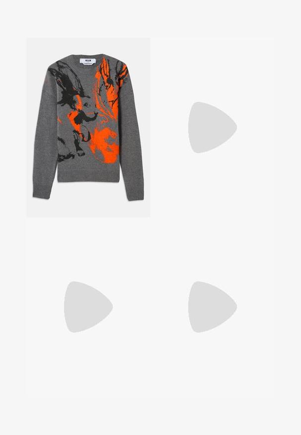 Gray knitted sweater featuring a contrasting orange and black abstract design. Round neckline and ribbed cuffs and hem. Soft texture.; Flared jeans in dark blue denim with frayed rips and worn detailing on the front. Features five pockets and a button closure.; Black leather boot with rounded toe, lace-up design, six eyelets, and a textured rubber sole. Includes a pull tab at the back.; Canvas backpack in tan with brown leather accents. Features a top flap, adjustable straps, and two side pockets. Rectangular shape, sturdy design.