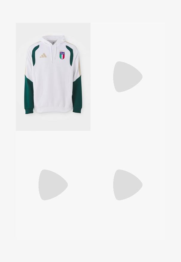 Balta sporta jakas ar zaļiem un zeltītiem akcentiem, ar ribotām piedurknēm, kangaru kabatu un "Italia" emblēmu uz krūtīm.; Balts sporta T-krekls ar īsām piedurknēm, izgatavots no mitrumu absorbējoša auduma. Tam ir melns logo kreisajā krūtī un rakstains iekšējais apkakles piegriezums.; Melnas sporta bikses ar stiepjas jostu, baltām sānu svītrām un mazu baltu logo uz augšstilba. Izgatavotas no gludas, vieglas materijas.; Melnas sporta kurpes ar teksturētu acu augšdaļu, baltām akcentu svītrām, mīkstu zoli un pastiprinātu papēdi atbalstam.