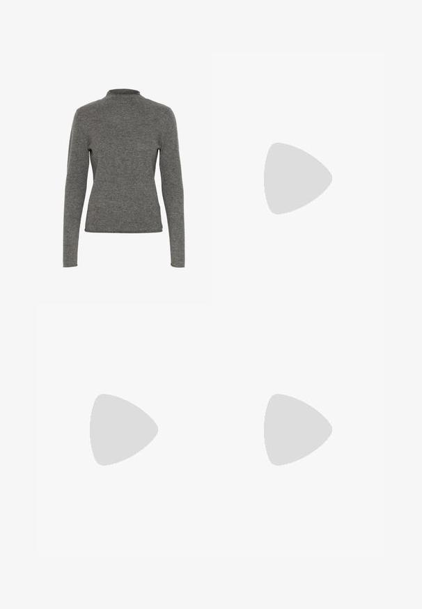 Grauer Pullover aus weichem Stoff; verfügt über einen hohen Kragen und lange Ärmel mit schmaler Passform. Glatte Textur und minimalistisches Design.; Schwarze Polyester-Culotte mit einem elastischen Bund, zwei vorderen Falten und einer lockeren Silhouette. Keine sichtbaren Muster oder Hardware-Details.; Schwarze Lackleder-Slingback-High Heels mit spitzem Schuh und einem geometrischen Blockabsatz. Verfügt über ein schlankes, minimalistisches Design und eine glatte Textur.; Schwarze Laptoptasche aus Leder mit glatter Textur, rechteckiger Form und zwei langen Griffen. Keine sichtbaren Beschläge oder Verzierungen.