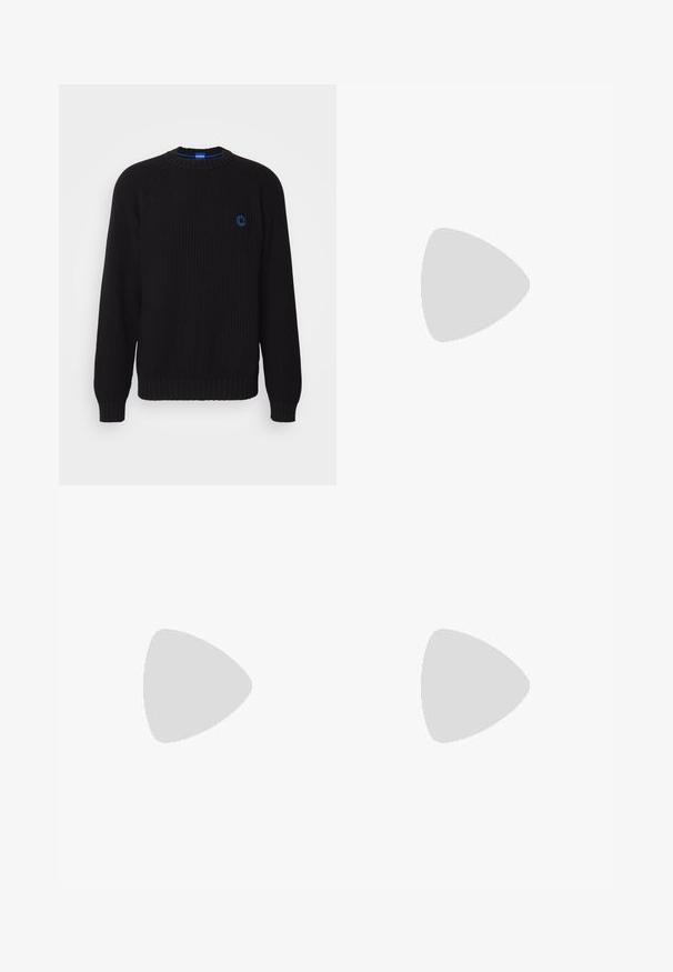 Maglione nero lavorato a maglia con scollo rotondo, polsini e orlo a costine, caratterizzato da un logo blu sul petto. Texture liscia, vestibilità casual.; Pantaloni grigi su misura con una texture liscia, design a gamba dritta, chiusura con un solo bottone e tasche frontali. Senza motivi o accenti visibili.; Mocassini in pelle nera con punta rotonda, caratterizzati da un design cucito, suola piatta bassa e un battistrada in gomma testurizzata e scolpita.; Occhiali da sole Ray-Ban con lenti verdi, montatura in plastica nera e dettagli dorati ai bordi. Forma quadrata con finitura opaca.
