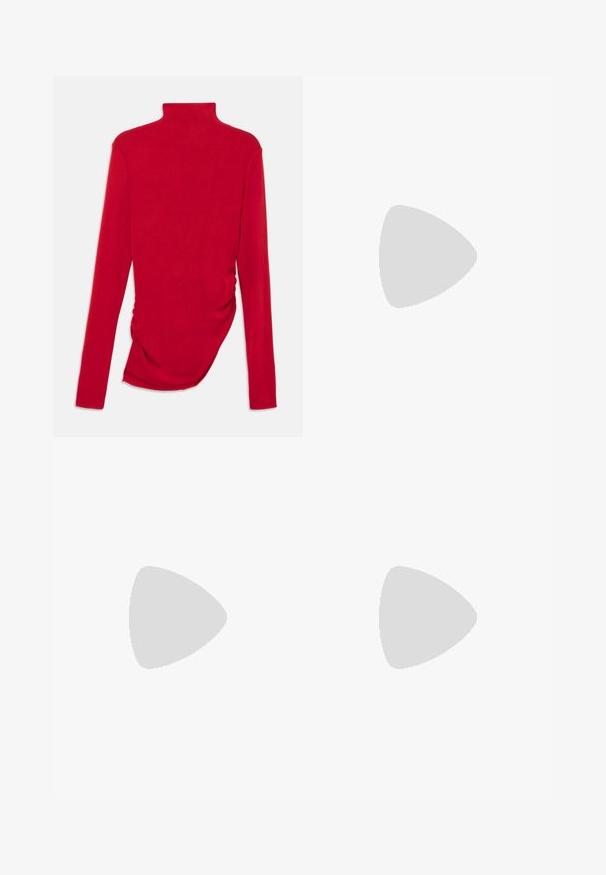 Red long-sleeve turtleneck top made of ribbed fabric with gathered detailing on the side, featuring a fitted silhouette and smooth texture.; Black halter dress with a draped design. Made of shiny material, featuring a twisted neckline and asymmetrical hem. Smooth texture.; Black pointed-toe high heel shoe with a crocodile-skin texture, featuring a sleek design, high stiletto heel, and smooth black interior.; Black handbag with a textured design, adorned with silver studs and a chunky silver chain strap. Features a sleek, minimalist shape.