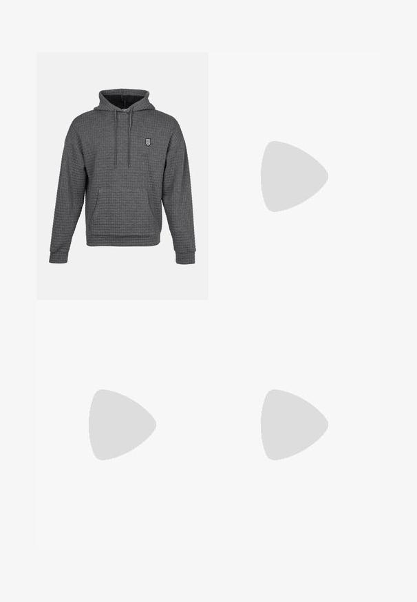 Gray hoodie with a textured, waffle-knit design. Features a front pocket, adjustable drawstring hood, and small embroidered logo.; White cotton t-shirt with short sleeves, rounded neckline, relaxed fit, and no visible logos or patterns. Smooth texture and minimal design.; High-waisted, loose-fitting jeans in faded black denim. Features five pockets, belt loops, and a clean, straight leg design.; Gray and white sneaker with a suede and leather upper, rounded toe, flat laces, and a rubber sole featuring a gum accent.