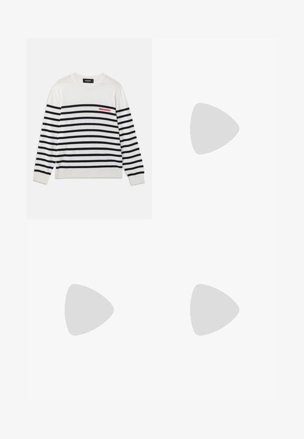 White long-sleeve sweater with black horizontal stripes, ribbed cuffs and hem, and red "DSQUARED2" logo on left chest.; Black tailored trousers made of a smooth fabric, featuring a straight-leg design, and two side pockets. Elegant and minimalistic construction.; Black leather ballet flat with a rounded toe, smooth texture, minimal stitching detail, and a flexible sole design.; Black handbag with a textured design, adorned with silver studs and a chunky silver chain strap. Features a sleek, minimalist shape.