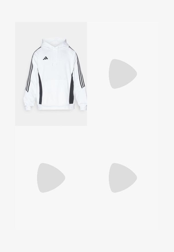 White hoodie with black side panels, front pocket, and adjustable drawstring hood. Features three black stripes along each sleeve.; Black cotton t-shirt with short sleeves, crew neckline, and a white logo on the left chest. Smooth texture and simple design.; Black athletic pants with tapered legs, elastic waistband, side pockets, and white logo and stripes detailing. Made from a smooth, lightweight material.; Black athletic shoe with a mesh design, featuring white stripes, a rounded toe, and a textured sole for grip and support.