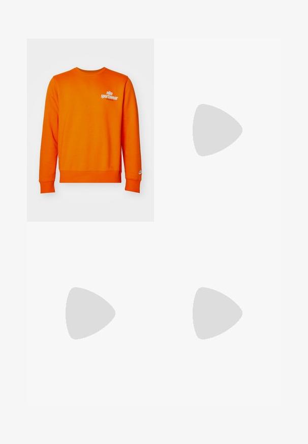 Oranžist puuvillasegu dressipluus, millel on ümmargune kaelus, pikad varrukad, ribakujundusega mansetid ja valge trükitud logo rinnal.; Olive roheline, kõrge vöökoht ja sirge lõikega püksid. Valmistatud kergest kangast, ees on voldid ja nööpkinne.; Pruunist nahast mokassiind, millel on pompooni aksessuaarid, tekstureeritud pind ja kontrastne kollane õmblus musta kummitald alusel. Küljepilt.; Kolmekihiline hõbedane metallkaelakee, mis on valmistatud peentest, paindlikest kettidest kerge läikega, kinnitatud krabi sulguri ja reguleeritava ketiga.