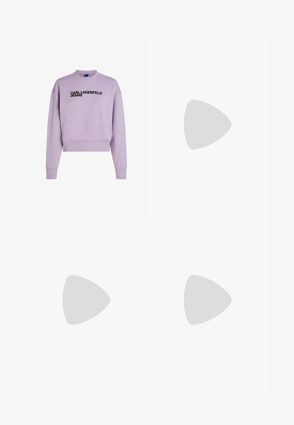 Lilac sweatshirt featuring a crew neckline and cropped design. "KARL LAGERFELD JEANS" printed in bold black text across the front.; Short-sleeve, ribbed t-shirt in pink with white stripes, featuring a black crew neck and sleeve trim, with a small graphic accent on the chest.; Black flared skirt made from soft fabric, featuring a fitted waistband and seam detailing. Smooth texture with a simple, classic design.; Black leather loafers with a smooth finish, stitched detailing around the toe, and a low rubber sole. Paired with wide black trousers.; Black faux leather crossbody bag, designed like a motorcycle jacket. Features zippers, snaps, and a shoulder strap. Compact with an edgy look.