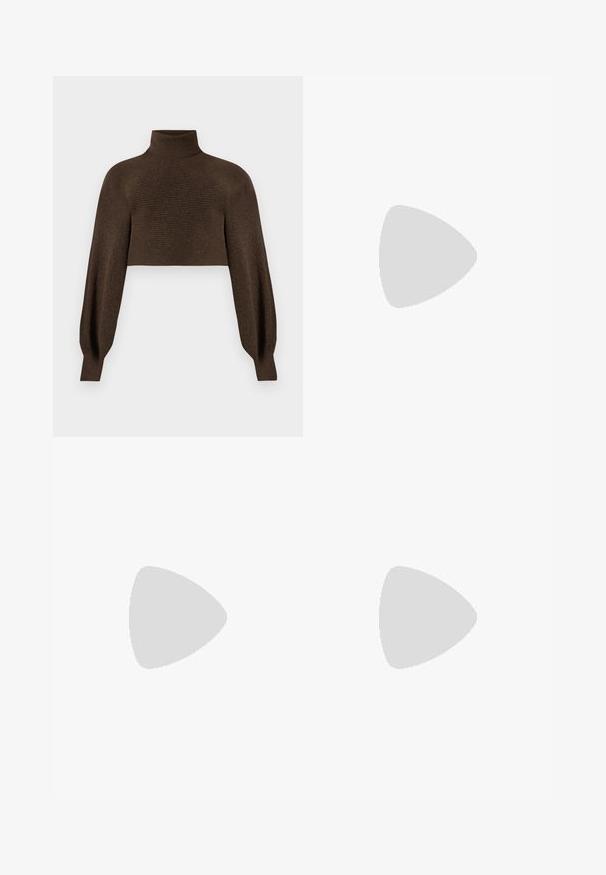Suéter castanho de gola alta, cropped, com textura canelada e mangas volumosas, feito de um material suave e quente.; Calças de veludo cotelê bege com um corte largo, apresentando uma cintura com cordão, dois bolsos frontais e textura em nervuras verticais.; Sapatilha cinza clara feita de camurça e malha, com três riscas brancas, bico redondo e sola de borracha de goma. Detalhe do logótipo dourado junto aos atacadores.; Óculos de sol estilo gato com uma armação em tartaruga preta e laranja, lentes castanhas e pontas elegantes e pontiagudas. Apresenta um logo minimalista na haste.