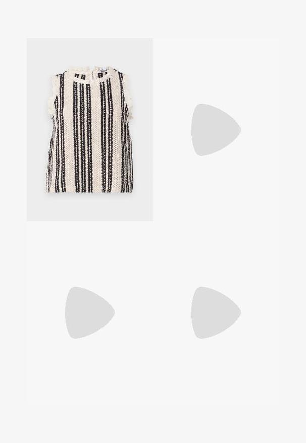 Débardeur sans manches avec un motif rayé crème et noir, délicate dentelle en bordure, et un col haut avec une fermeture au dos. Tissu texturé.; ONLY ONLNOVA LIFE ELITE LESLI PANT  - Pantalon classique - black; Escarpin en cuir verni marron avec un bout carré, motif croco texturé, bride de cheville avec boucle dorée et un talon épais.; Sac à main en cuir noir avec une forme courbée, bandoulière amovible et des accessoires en or. Le sac est doté d'un rabat avec un détail de boucle.