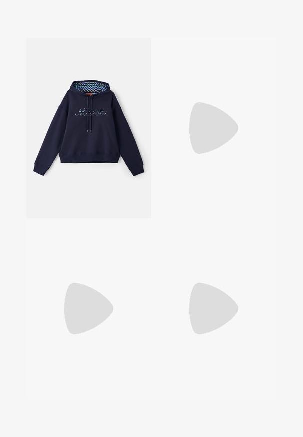 Navy blue hooded sweatshirt with iridescent "Missoni" logo, patterned inner hood lining featuring zigzag designs, and a relaxed fit.; Three white ribbed tank tops made of cotton. Features a crew neck and small black labels near the hem. Available in multiple sizes.; Maroon athletic pants with an elastic waistband, contrasting white side stripes, and black accents. Made from a smooth, lightweight fabric.; Silver athletic shoe with a smooth, shiny surface, white logo on the side, textured gray laces, and a gum rubber sole.