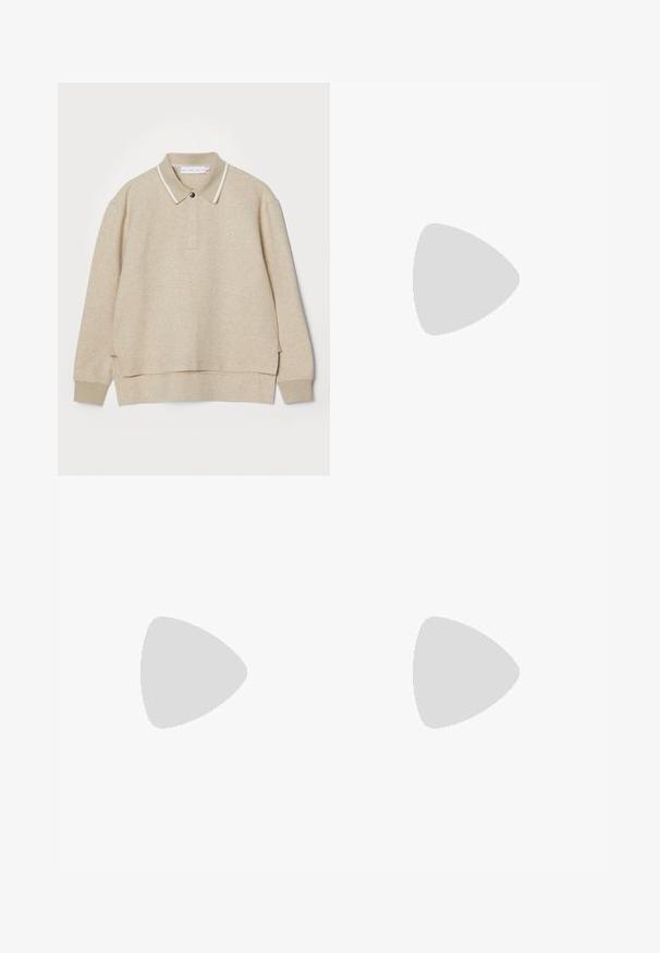 Sweatshirt polo bege com colarinho e fecho de botão. Textura macia, fendas laterais e contornos brancos em contraste à volta do colarinho.; CLOSED RHANNON - Wide leg - ivory; Bota de couro castanho até ao joelho com bico apontado e design minimalista; textura lisa, sem hardware ou adornos visíveis.; Bolsa de couro castanho-claro com um design único de dobras triangulares, alça superior e alça de ombro destacável, em fundo branco.