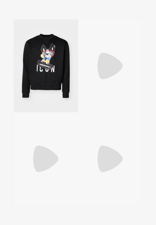Black sweatshirt featuring a colorful cartoon design of a dog on a snowboard with "ICON" and "DSQUARED2" text. Soft fabric, ribbed cuffs.; Filippa K TERRY CROPPED TROUSERS - Trousers - sage melange; White leather sneaker with a smooth finish, round toe, flat laces, and a textured sole. Features a subtle logo on the heel.; Black round sunglasses with dark lenses and slim metal arms. Includes clear temple tips and silver accents at the hinge. Minimalist design.