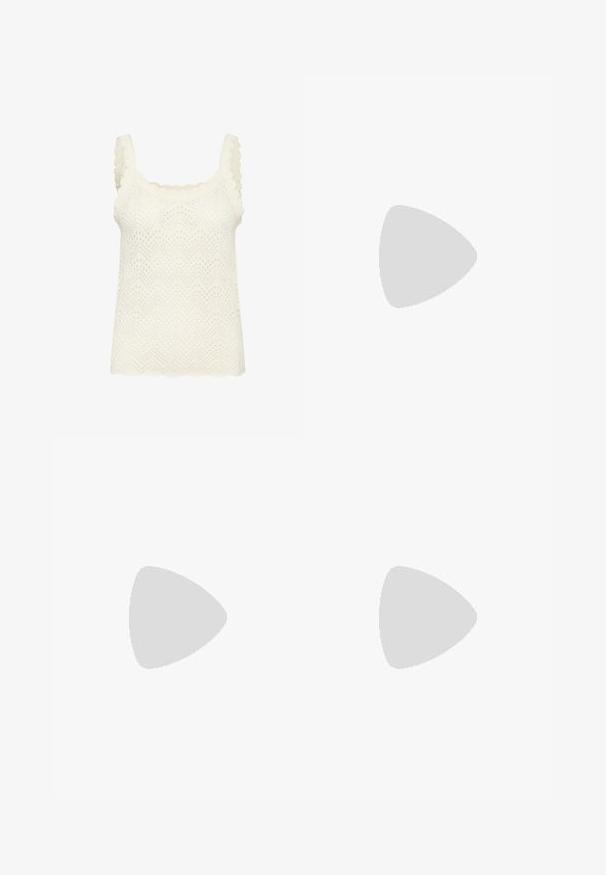 Bijeli pleteni top bez rukava s četvrtastim izrezom, valovitim trakama i teksturiranim uzorkom u obliku cik-cakavca. Lagani i prozračni dizajn, ležeran kroj.; Crvena halterica napravljena od rastezljivog materijala, s dubokim V-izrezom i skupljenim dizajnom na vratu i struku, s glatkom teksturom.; Bijela čipkasta suknja s teksturiranim uzorkom, koja ima asimetrični rub i lepršavu siluetu, izrađena od laganog materijala.; Crvene nubuk tenisice s bijelim dizajnom tri pruge i zlatnim natpisom "Gazelle". Sadrže gumeni potplat i teksturiranu petu.; Ovalne sunčane naočale sa zelenim lećama, okvirom od zlatnog metala i tamnosmešnim plastičnim vrhovima. Lagane i sa vidljivim Ray-Ban logom na jednoj leći.; Naušnica od bisera koja se sastoji od okruglih, bijelih bisera s zlatnim, suženim privjeskom i zlatnom kopčom, ističući glatku teksturu i minimalistički dizajn.