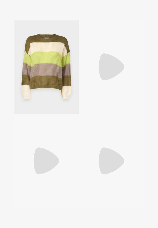 JDY JDYBADUT PULLOVER - Pulóver - winter moss; Beige bordás nadrág laza fazonnal, állítható derekkal, két elülső zsebbel és függőleges bordázott textúrával.; Világosszürke sportcipő velúr és hálós anyagból, három fehér csíkkal, kerek orral és gumi talppal. Arany logó dísz a fűzők közelében.; Zöld ujjatlan felső csipke részletekkel a vállnál és a nyaknál, testhez simuló fazonnal és puha anyaggal. Világos színű nadrággal párosítva.