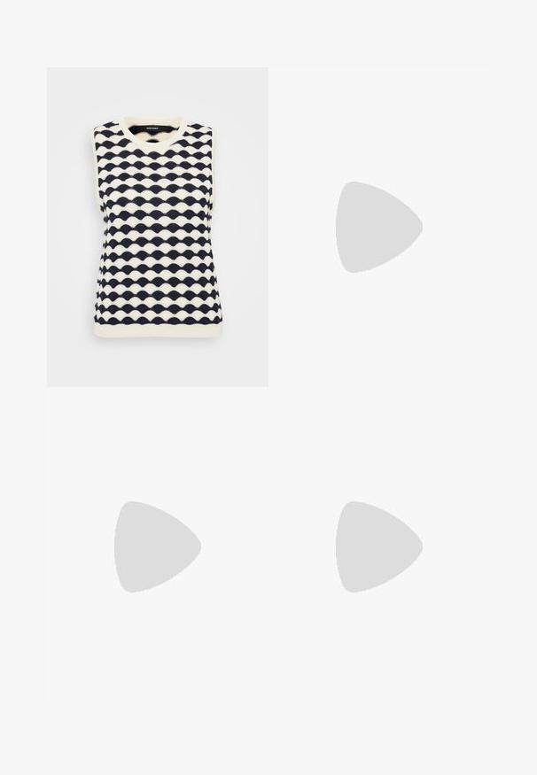 Navy and cream sleeveless knit sweater with a wave pattern, v-neckline, and ribbed hem. Made from a soft, textured fabric.; Black flared jeans made from denim, featuring a high waist, five pockets, and metal button closure. Smooth texture with minimal detailing.; Black heeled sandal featuring a smooth faux leather upper, open toe design, and a distinctive angular heel. Minimalist square-shaped footbed.; Brown leather shoulder bag with a smooth texture, rounded shape, wide strap, and circular metallic accent on the handle.