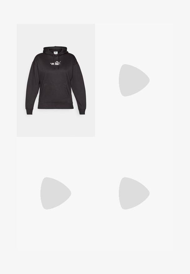 Svart hettegenser laget av myk fabric med en frontlomme, snøring i hetta og en hvit Puma-logo over brystet. Løs passform og lange ermer.; Hvit bomulls T-skjorte med kortermet, rund hals og en lyseblå "NB" logo på venstre bryst. Glatt tekstur og avslappet passform.; Sorte leggins laget av elastisk stoff, med høy midje og en hvit logo trykt på nedre venstre ben. Glatt tekstur.; Hvite sportsko med mesh-overdel, utstyrt med polstret krage, teksturert såle og "Fresh Foam"-merket på mellomsålen.