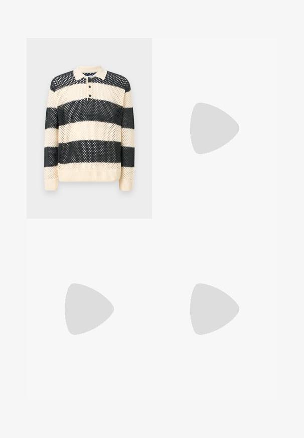 Knit pullover featuring alternating large navy and cream stripes, a polo collar, and three button placket. Textured mesh fabric.; Gray tailored trousers with a smooth texture, straight-leg design, single button closure, and front pockets. No visible patterns or accents.; Black leather loafers with a rounded toe, featuring a stitched design, low platform sole, and a textured, lugged rubber outsole.; Ray-Ban sunglasses with green lenses, black plastic frames, and gold accents at the edges. Square shape with a matte finish.